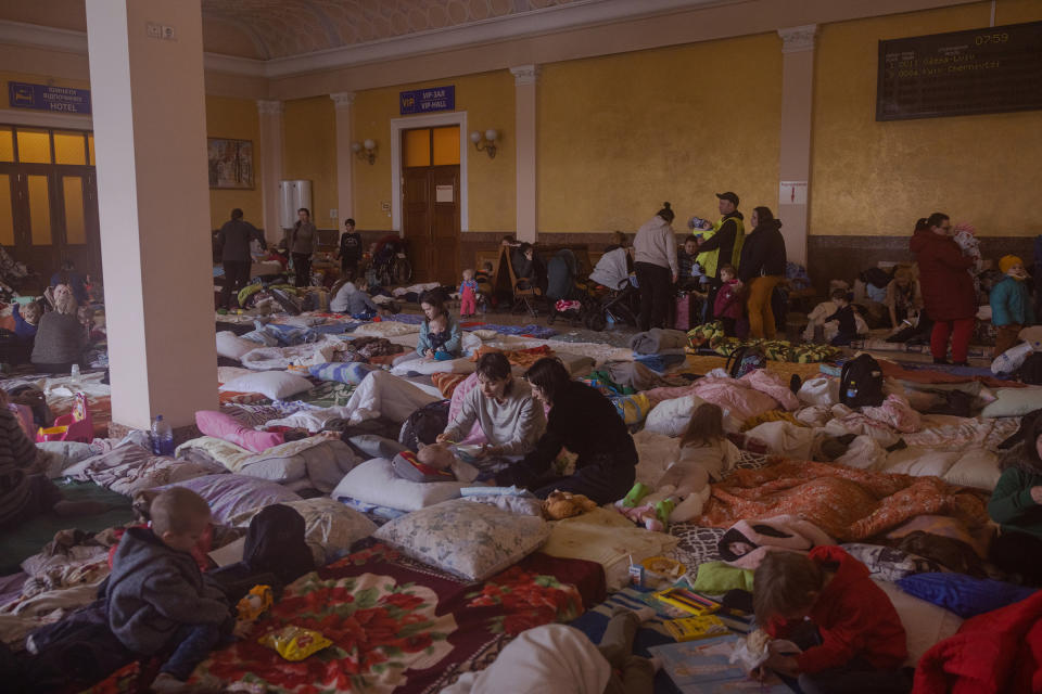 In a room upstairs in the Lviv train station, designated as a shelter for women and children, many take a moment to rest, on March 8.<span class="copyright">Natalie Keyssar for TIME</span>