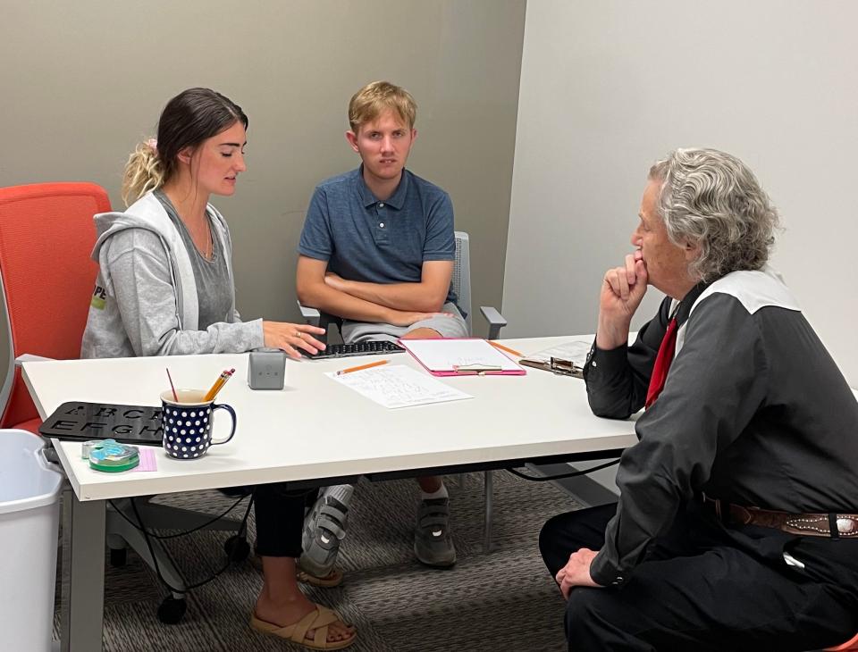 Temple Grandin speaks with residents and staff at Benjamin's Hope in Park Township on Saturday, July 9.