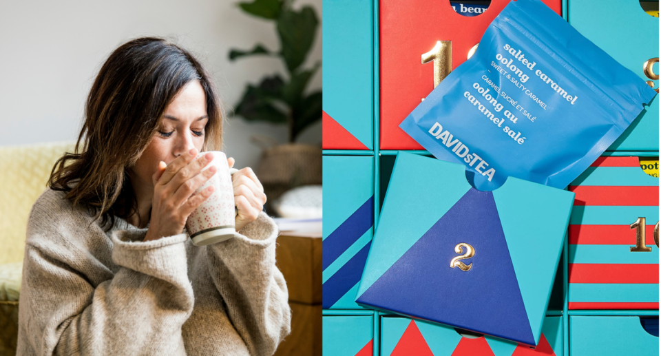 woman drinking cup of tea and davids tea advent calendar 