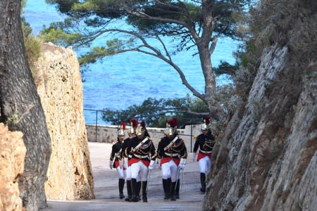 Republican guards arrive at the French President Emmanuel Macron's summer retreat of the fort of Bregancon near the village of Bormes-les-Mimosas