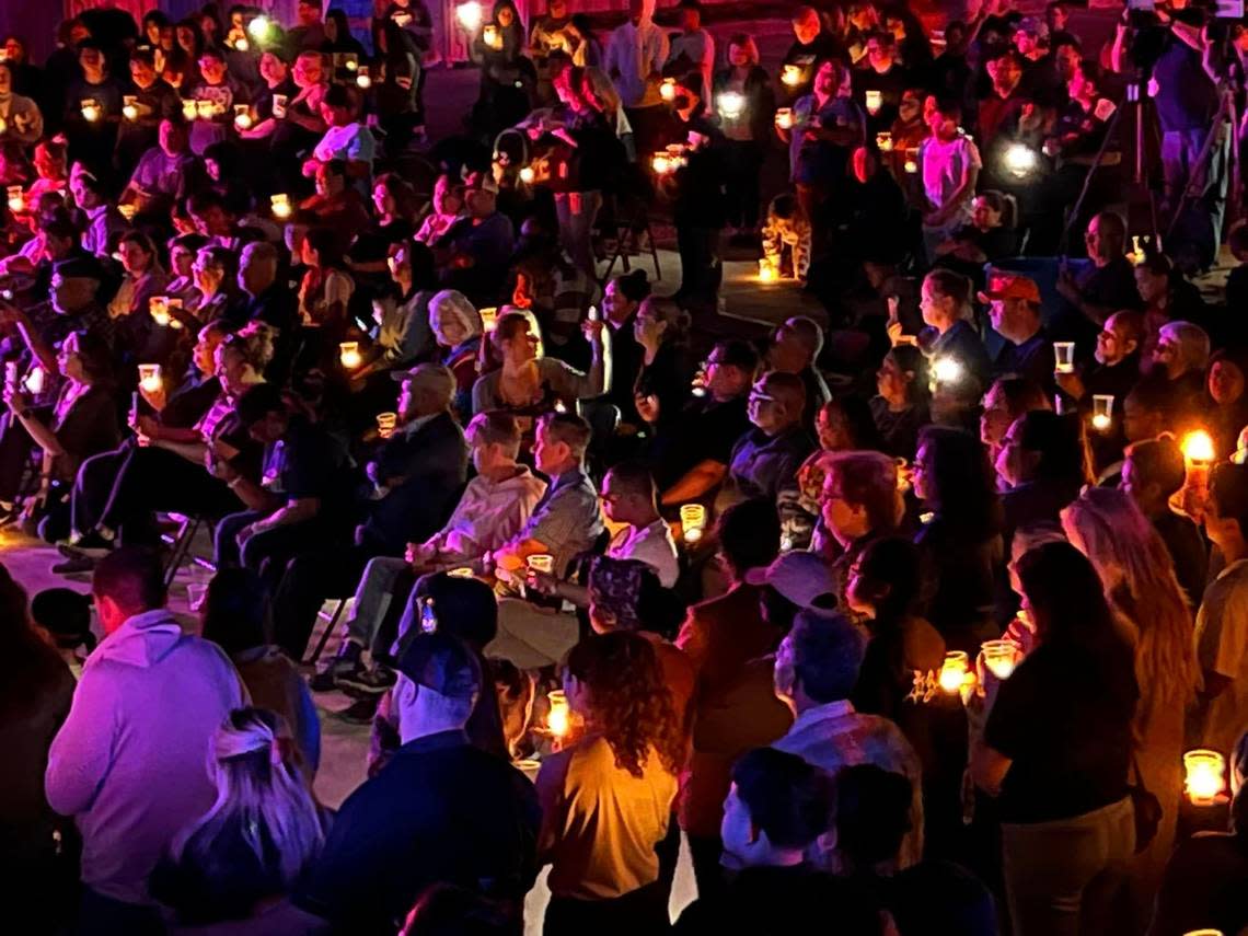 Hundreds of people attend a vigil for Noel Rodriguez-Alvarez in Everman on Monday, April 10, 2023, as a search continues for the remains of the missing 6-year-old. Everman Police Department