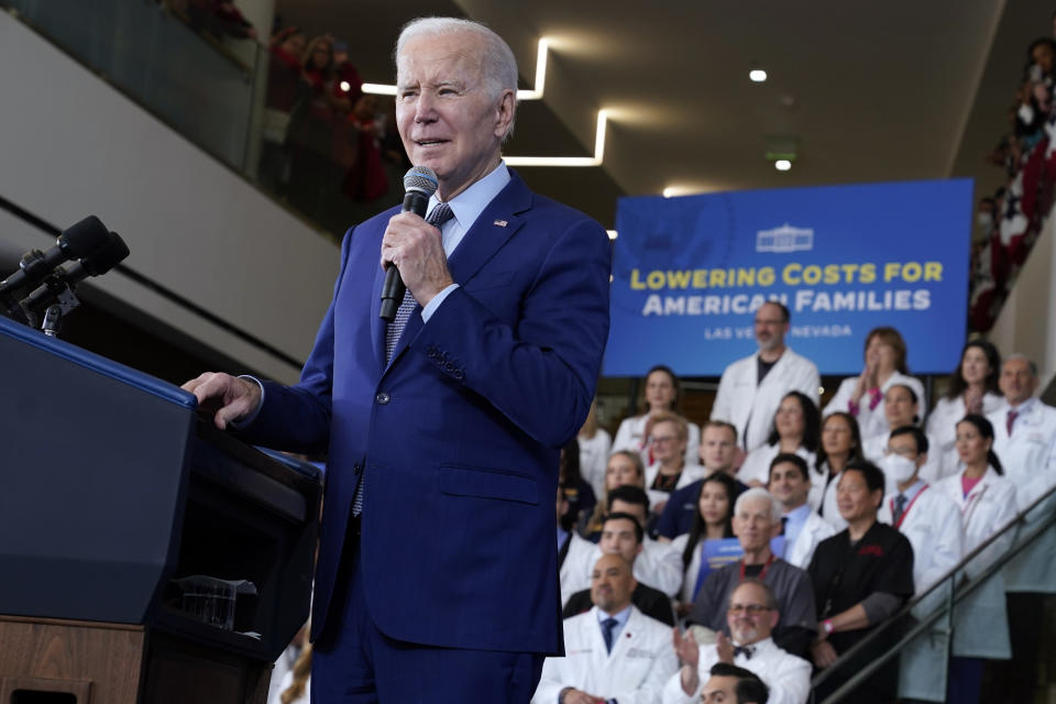 President Joe Biden speaks about health care and prescription drug costs at the University of Nevada, Las Vegas, Wednesday, March 15, 2023, in Las Vegas. (AP Photo/Evan Vucci)