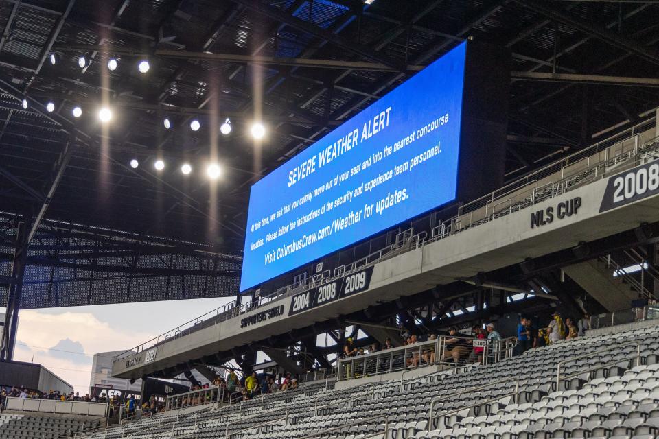 Jun 3, 2023; Columbus, Ohio, USA; A view of the weather message board before the game between the Columbus Crew and the Charlotte FC at Lower.com Field. Mandatory Credit: Trevor Ruszkowski-USA TODAY Sports