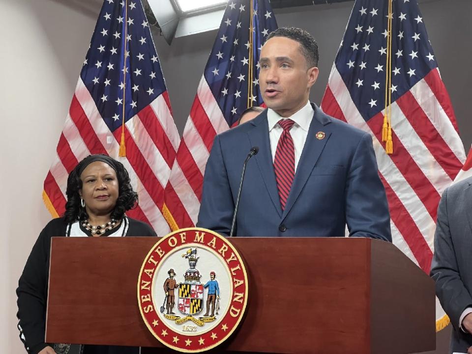 State Sen. William Smith Jr., D-Montgomery, chair of the judicial proceedings committee, speaks at the lectern during an April 7, 2023 press conference in Annapolis, Maryland. In a December 2023 interview, Smith said he'd bring a bill back designed to shield judges' addresses.