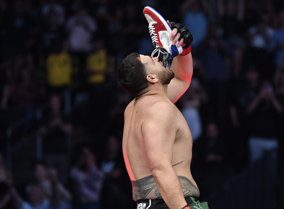 LAS VEGAS, NEVADA - JULY 10: Tai Tuivasa of Australia reacts after knocking out Greg Hardy in their heavyweight fight during the UFC 264 event at T-Mobile Arena on July 10, 2021 in Las Vegas, Nevada. (Photo by Chris Unger/Zuffa LLC)