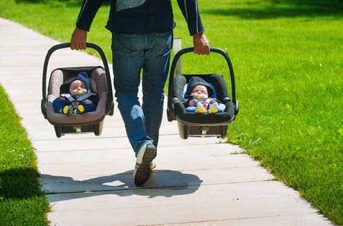 <span class="caption">By looking at twins, we were able to see whether sensitivity is an inherited trait.</span> <span class="attribution"><a class="link " href="https://www.shutterstock.com/image-photo/father-carrying-twin-babies-car-seats-1128705452" rel="nofollow noopener" target="_blank" data-ylk="slk:Zoia Kostina/ Shutterstock;elm:context_link;itc:0;sec:content-canvas">Zoia Kostina/ Shutterstock</a></span>