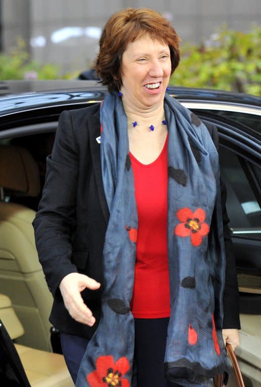 EU foreign policy chief Catherine Ashton arrives at EU Headquarters on Friday. At their second day of talks, EU leaders were to discuss moves towards a common security and defence policy as well as to discuss the Syria crisis