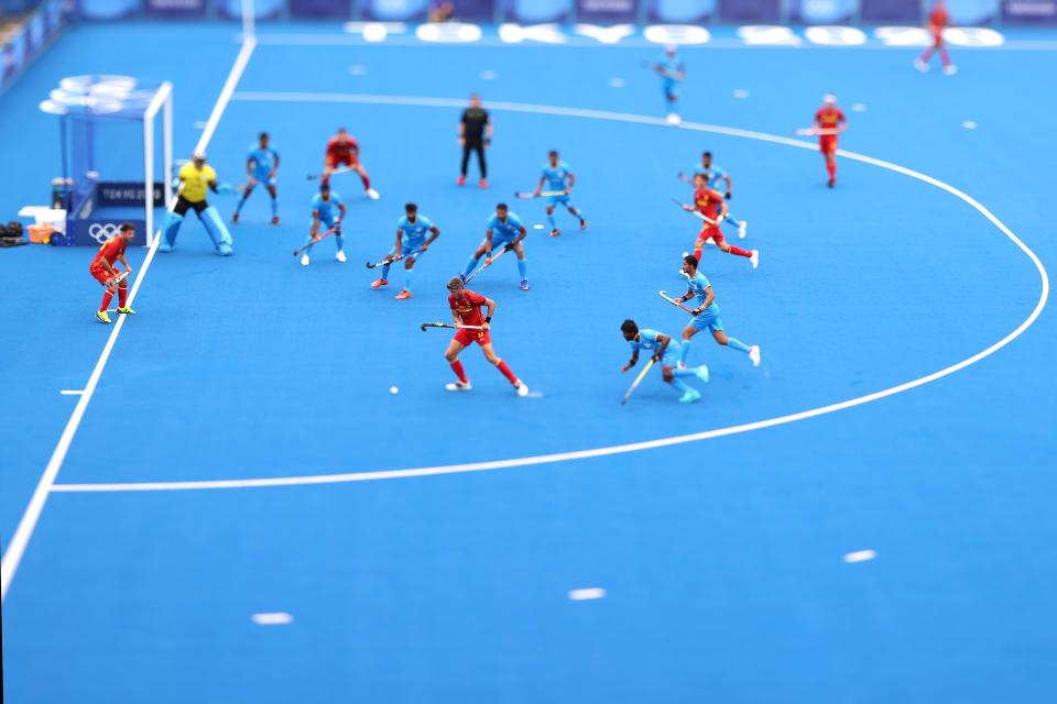 <p>TOKYO, JAPAN - JULY 27: (EDITORS NOTE: Image was created using a variable planed lens.) A general view during the Men's Preliminary Pool A match between India and Spain on day four of the Tokyo 2020 Olympic Games at Oi Hockey Stadium on July 27, 2021 in Tokyo, Japan. (Photo by Alexander Hassenstein/Getty Images)</p> 