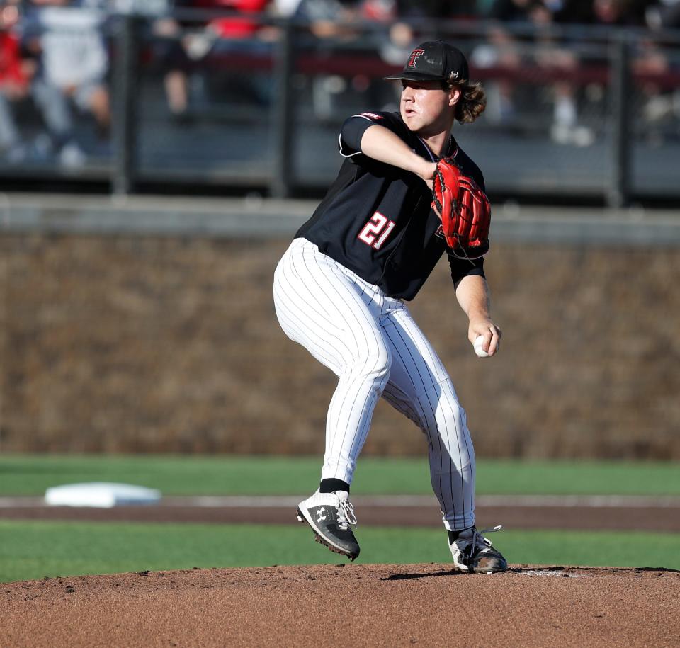 Texas Tech pitcher Mason Molina (21) will get the ball when the Red Raiders face No. 13 Connecticut in the first game of the NCAA Gainesville Regional on Friday in Gainesville, Florida. Molina, 5-2 with a 3.72 earned-run average, was voted second-team all-Big 12 by conference coaches.