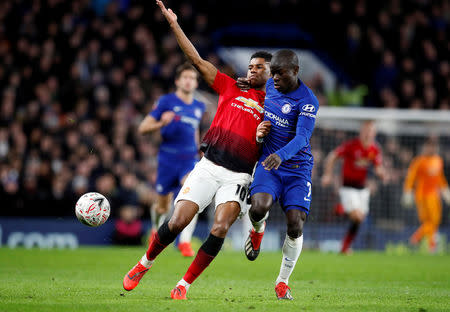 Soccer Football - FA Cup Fifth Round - Chelsea v Manchester United - Stamford Bridge, London, Britain - February 18, 2019 Chelsea's N'Golo Kante in action with Manchester United's Marcus Rashford REUTERS/David Klein