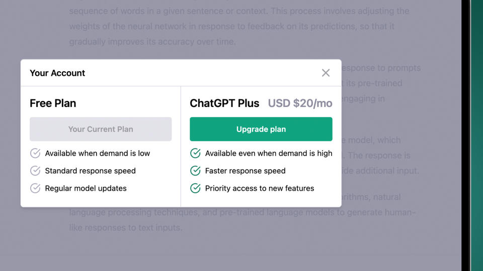 A laptop screen on a green background showing the pricing for ChatGPT Plus