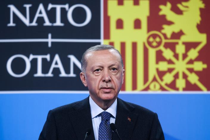 Президент Турции Реджеп Тайип Эрдоган проводит пресс-конференцию во время саммита НАТО в конгресс-центре IFEMA в Мадриде, Испания, 30 июня 2022 года.
