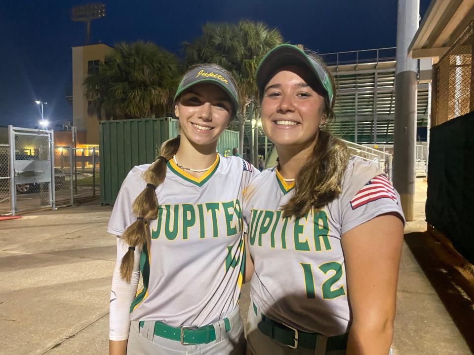 Sam Basen (left) and Sasha Seidel (right) are the sophomore pitching duo propelling Jupiter softball to success this spring.