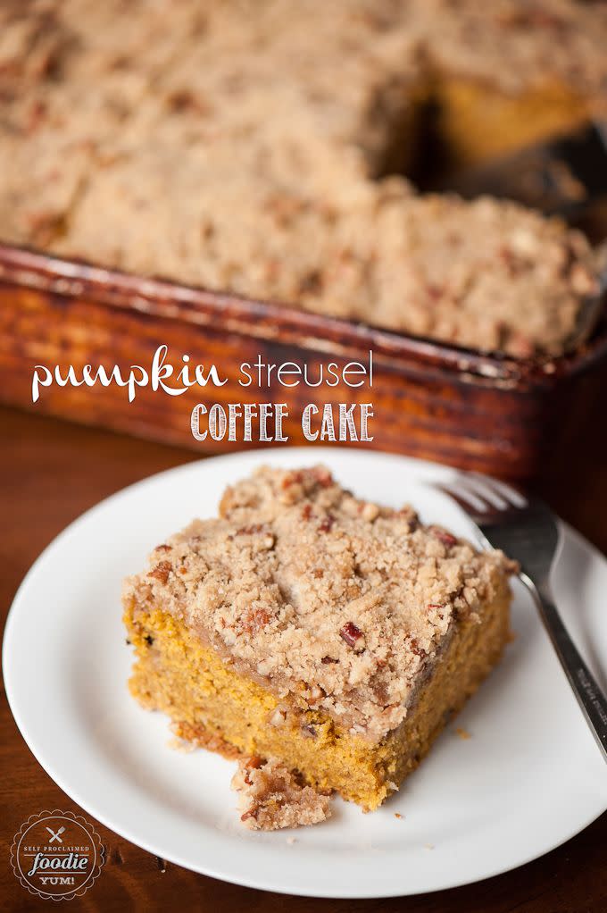 <p>Sugar, flour, and butter are combined to create this sweet streusel topping. Add pecans for that extra crunch. </p><p><strong><em>Get the recipe at <a href="http://selfproclaimedfoodie.com/pumpkin-streusel-coffee-cake/" rel="nofollow noopener" target="_blank" data-ylk="slk:Self Proclaimed Foodie;elm:context_link;itc:0;sec:content-canvas" class="link ">Self Proclaimed Foodie</a>.</em></strong></p>