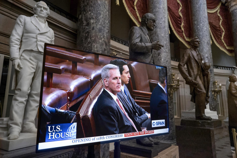 FILE - A monitor in Statuary Hall displays House Republican Leader Kevin McCarthy, R-Calif., as he sits in the chamber at the start of a tenth ballot to elect a speaker of the House, at the Capitol in Washington, Jan. 5, 2023. Since the drama of McCarthy's election as House speaker, there's been some movement toward opening the chamber to more public view. His office has signaled a willingness to broaden access, although how much is still being debated. (AP Photo/J. Scott Applewhite, File)