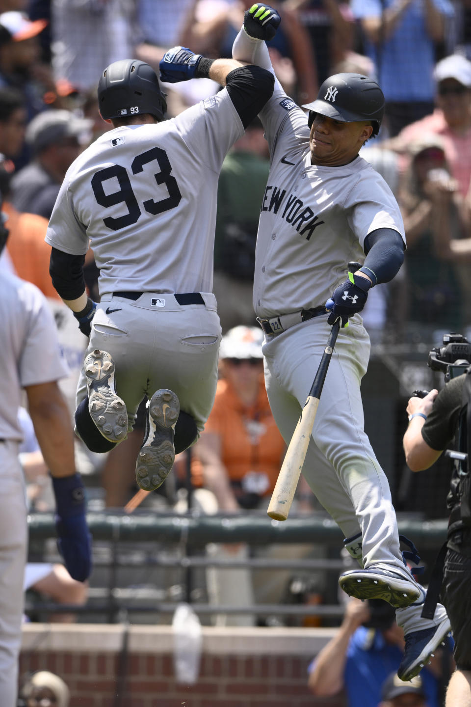 New York Yankees' Ben Rice (93) celebrates his three-run home run with Juan Soto, right, during the ninth inning of a baseball game against the Baltimore Orioles, Sunday, July 14, 2024, in Baltimore. The Orioles won 6-5. (AP Photo/Nick Wass)