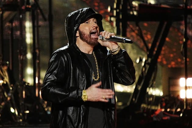 Eminem performs during the 37th Rock & Roll Hall of Fame induction ceremony on Nov. 5, 2022.  - Credit: Jeff Kravitz/FilmMagic