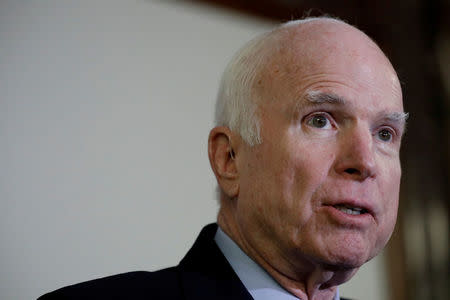 FILE PHOTO: Sen. John McCain (R-AZ) speaks at a press conference about the National Defense Authorization Act in Washington, U.S., October 25, 2017. REUTERS/Aaron P. Bernstein/File Photo