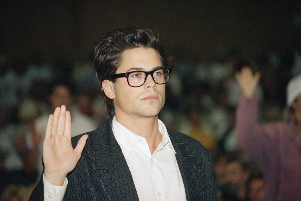 Movie star Rob Lowe is photographed at a public hearing October 22, 1987 by the Los Angeles County Board of Supervisors on the constructiion of sewers in Malibu,California.   (AP Photo/ Nick Ut)