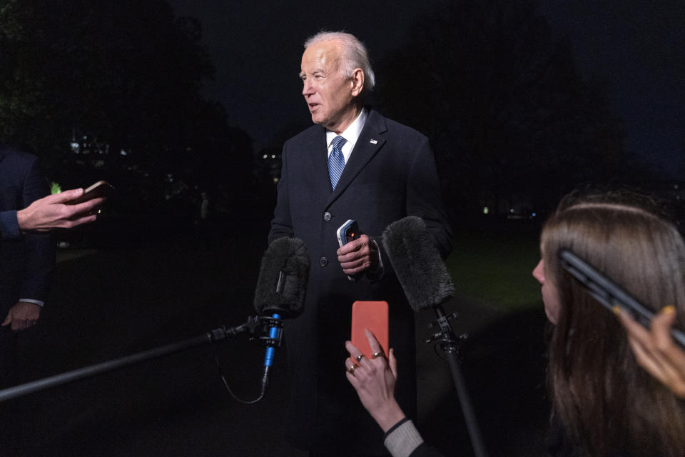 President Joe Biden speaks to the media on the South Lawn of the White House, Tuesday, Dec. 5, 2023, in Washington, as he returns from Boston. (AP Photo/Jacquelyn Martin)