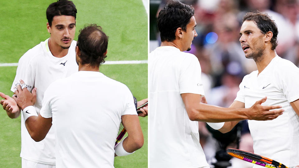 Rafa Nadal, pictured here calling Lorenzo Sonego to the net to admonish him at Wimbledon.