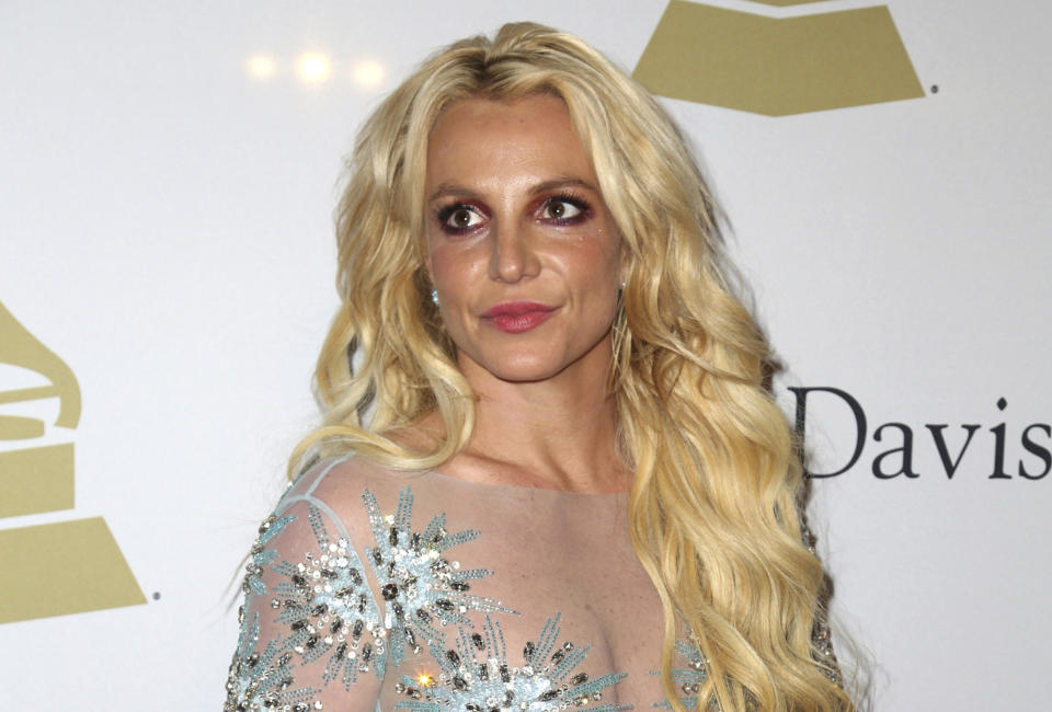 FILE - This Feb. 11, 2017 file photo shows Britney Spears at the Clive Davis and The Recording Academy Pre-Grammy Gala in Beverly Hills, Calif. A Los Angeles courtroom has been cleared of media and other audience members at a hearing on a restraining order taken out by Britney Spears against Sam Lutfi. The hearing was to seek an extension of a temporary restraining order against Lutfi, a former confidante who has been in legal battles with the family for years. Lutfi argued in documents that the order’s restraint of his speech was unconstitutional. (Photo by Rich Fury/Invision/AP, File)