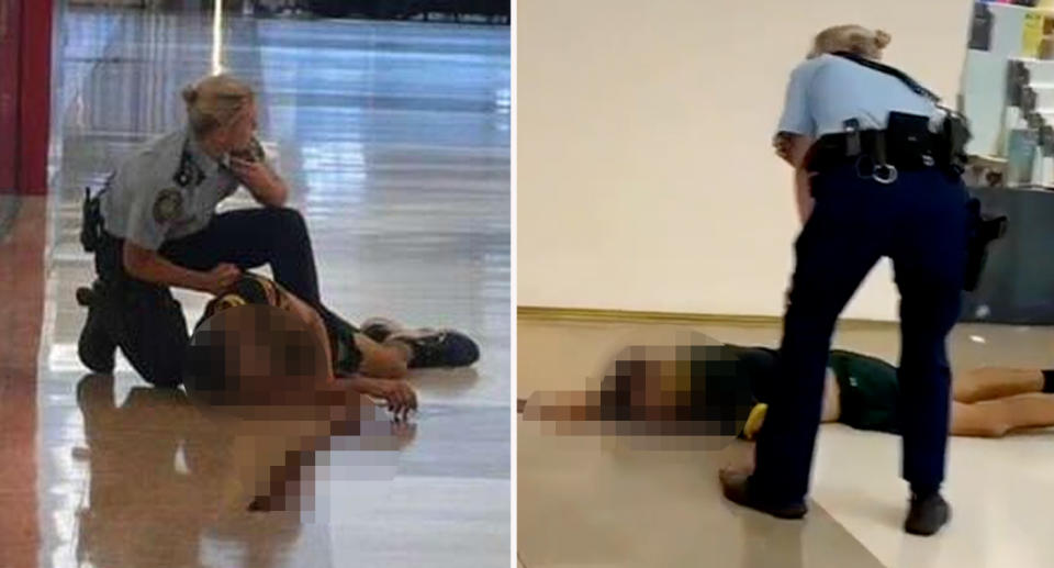 Female police officer standing over knife wielding man after shooting him during Bondi shopping centre stabbing rampage. 