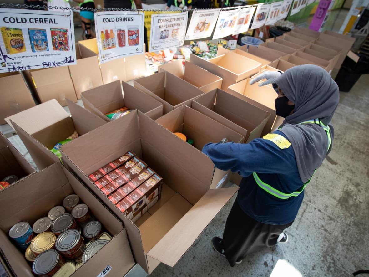 A volunteer with the Daily Bread Food Bank prepares food for distribution at the food bank’s Toronto warehouse on Aug. 13, 2020.  (Evan Mitsui/CBC - image credit)
