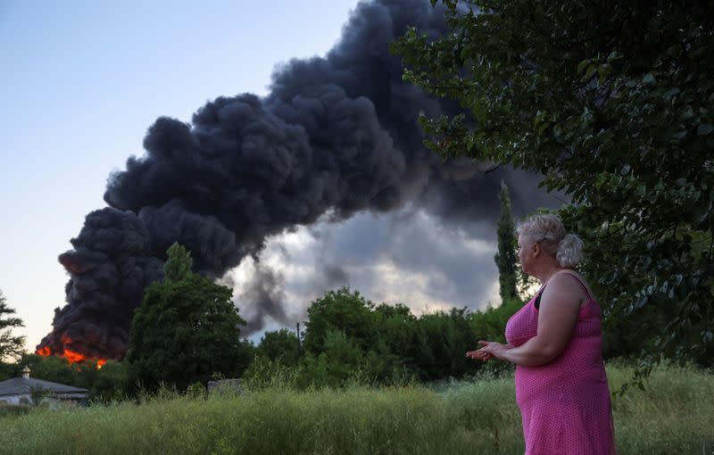 Smoke rises after shelling during Ukraine-Russia conflict in Donetsk