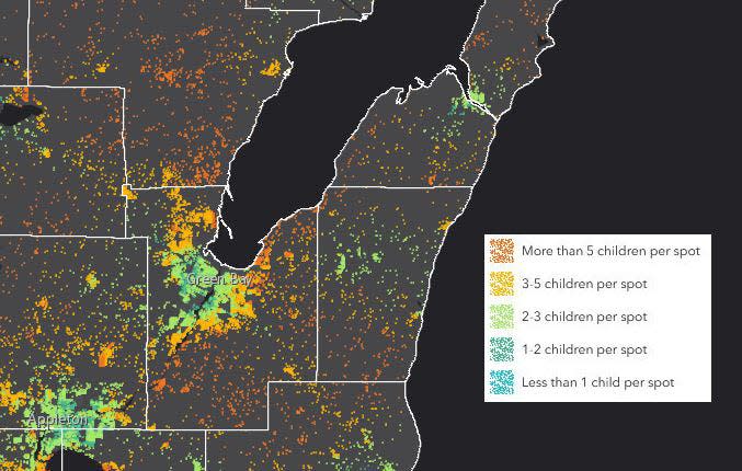 A map of the child care deserts in northeast Wisconsin. UW System map