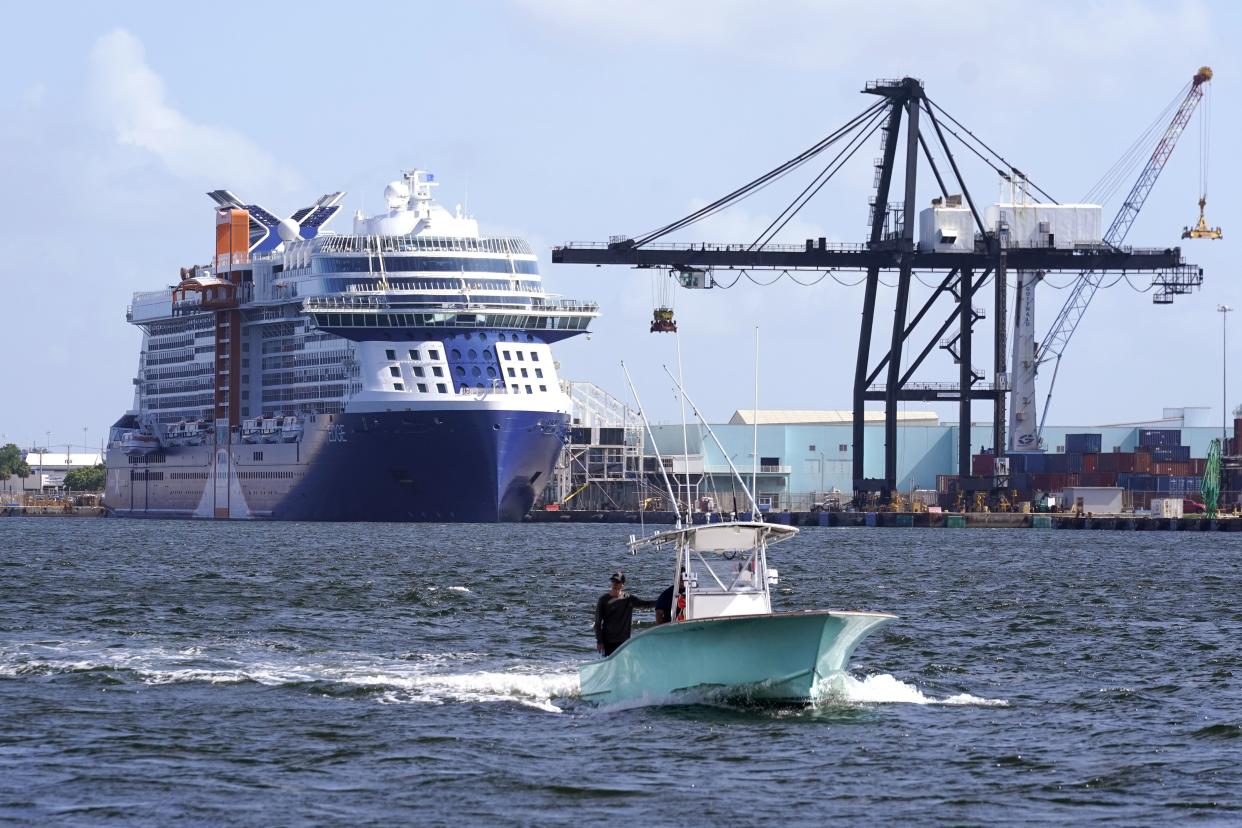 The Celebrity Edge cruise ship is seen docked docked in Fort Lauderdale, Fla.