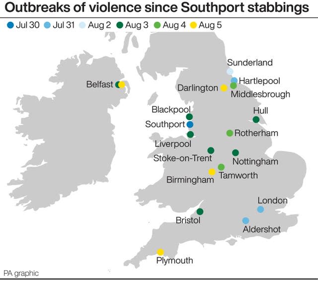 Colour-coded map showing where outbreaks of violence have occurred and on what date