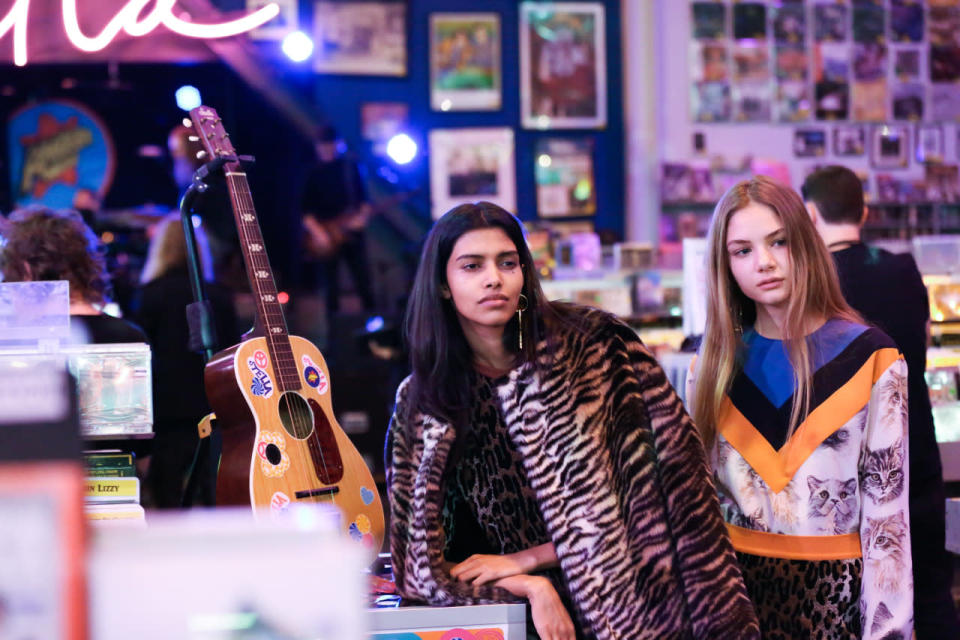 Models in Stella McCartney’s autumn 2016 collection at Amoeba Music in Los Angeles.