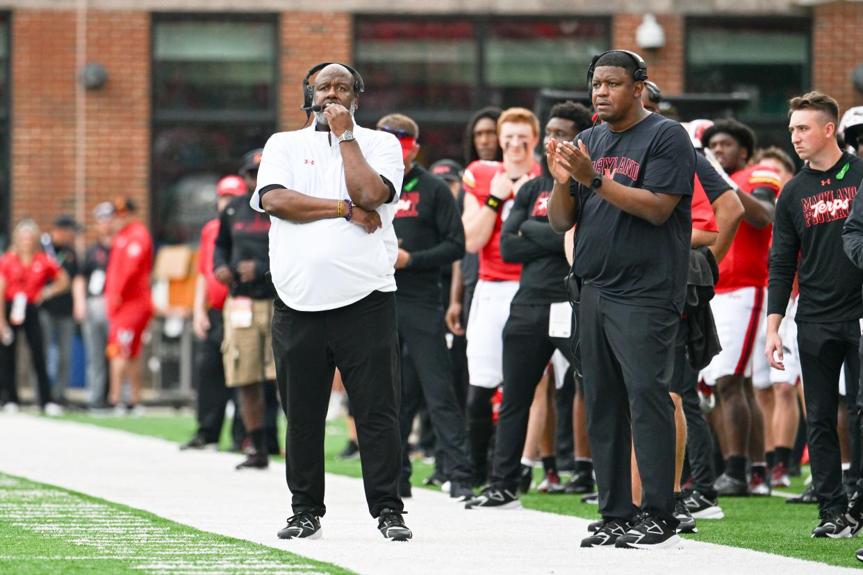 Sep 30, 2023; College Park, Maryland, USA; Maryland Terrapins head coach Mike Locksley looks down the sidelines during the first half against the Indiana Hoosiers at SECU Stadium. Mandatory Credit: Tommy Gilligan-USA TODAY Sports