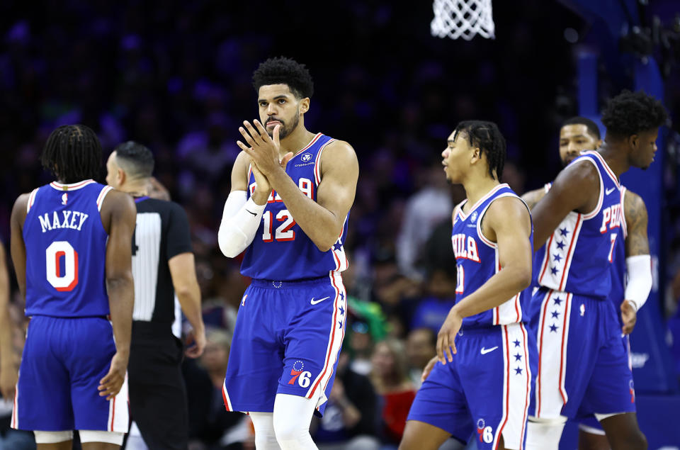 Tobias Harris #12 of the Philadelphia 76ers reacts during the third quarter against the Dallas Mavericks at the Wells Fargo Center on Feb. 05, 2024 in Philadelphia, Pennsylvania.