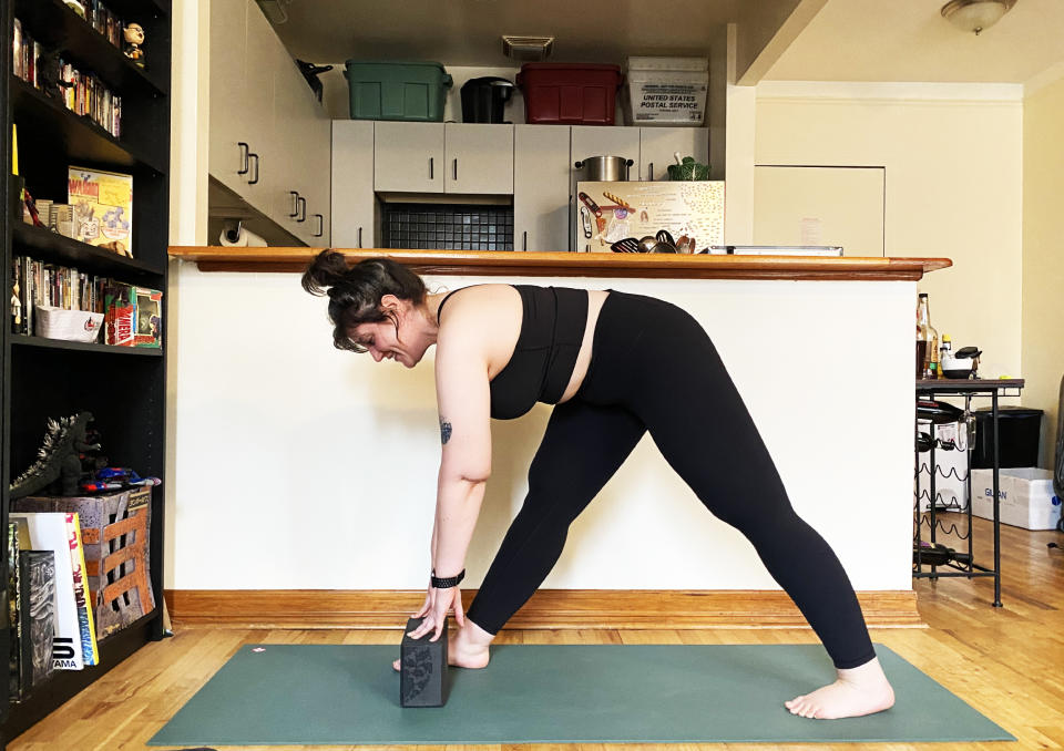Participants are encouraged to use props, like yoga blocks, to make certain poses feel better for their bodies. (Sarah Jacoby / TODAY)
