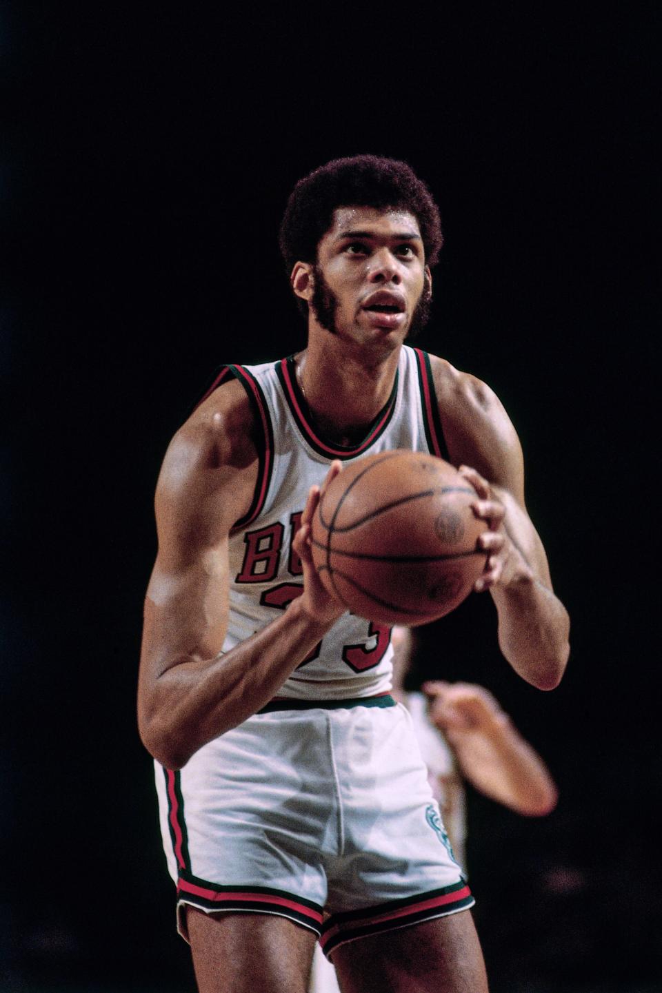 Kareem Abdul-Jabbar, pictured in 1971 with the Milwaukee Bucks, scored 38,387 career points in his NBA career, a record that could fall Tuesday night if Lakers forward LeBron James scores 36 points against the Oklahoma City Thunder.