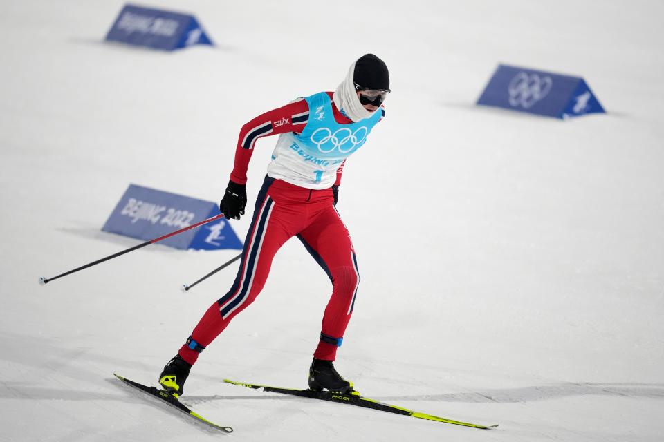 Norway's Jarl Magnus Riiber competes during the cross-country skiing portion of the individual Gundersen large hill/10km competition at the 2022 Winter Olympics, Tuesday, Feb. 15, 2022, in Zhangjiakou, China.