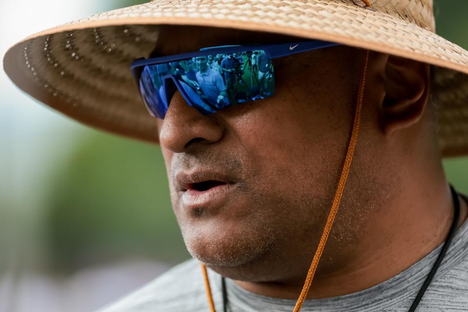 BYU Cougars football head coach Kalani Sitake talks to journalists after practice at Brigham Young University in Provo on Tuesday, Aug. 1, 2023. | Spenser Heaps, Deseret News