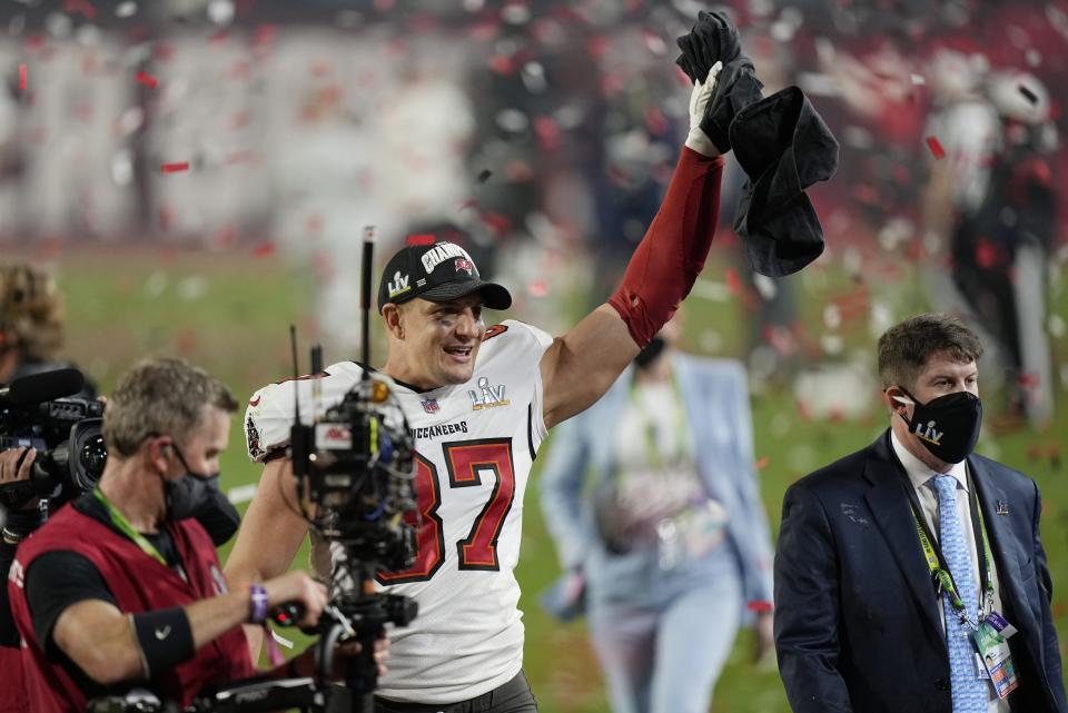 Tampa Bay Buccaneers tight end Rob Gronkowski celebrates after defeating the Kansas City Chiefs in the NFL Super Bowl 55 football game Sunday, Feb. 7, 2021, in Tampa, Fla. The Buccaneers defeated the Chiefs 31-9 to win the Super Bowl. (AP Photo/Ashley Landis)