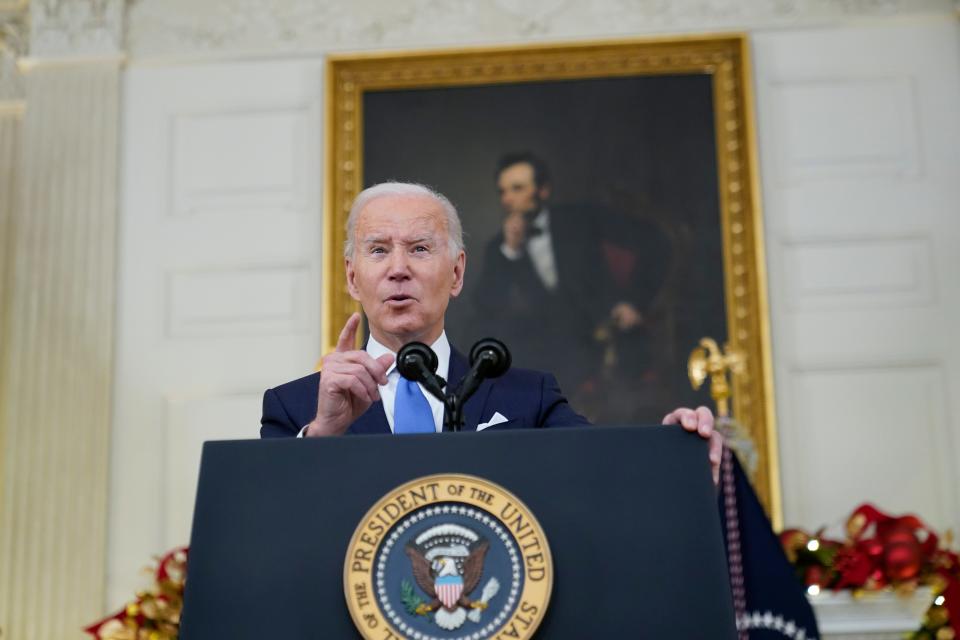 President Joe Biden speaks about the COVID-19 response and vaccinations, Tuesday, Dec. 21, 2021, in the State Dining Room of the White House in Washington. (AP Photo/Patrick Semansky) ORG XMIT: DCPS427