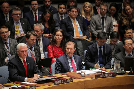 U.S. Vice President Mike Pence addresses the United Nations Security Council at U.N. headquarters in New York, U.S, April 10, 2019. REUTERS/Brendan McDermid