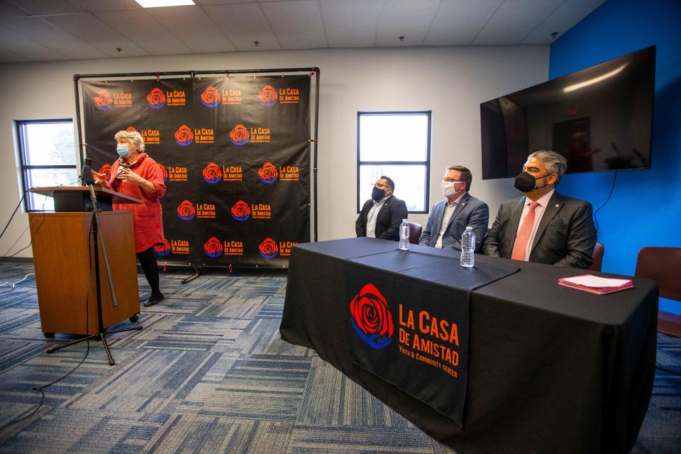 Attorney Barbara Szweda answers questions alongside La Casa de Amistad Executive Director Juan Constantino, South Bend Mayor James Mueller and attorney Rudy Monterrosa during a press conference about refugee support Monday, May 2, 2022, at La Casa de Amistad in South Bend.