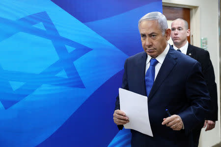 Israeli Prime Minister Benjamin Netanyahu attends the weekly cabinet meeting at his office in Jerusalem December 16, 2018. Abir Sultan/Pool via REUTERS