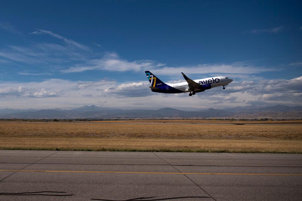 Avelo Airlines' flight 132 takes off from Northern Colorado Regional Airport for a direct flight to Hollywood Burbank Airport on Oct. 6. Avelo announced it would begin service to Las Vegas starting Dec. 15.