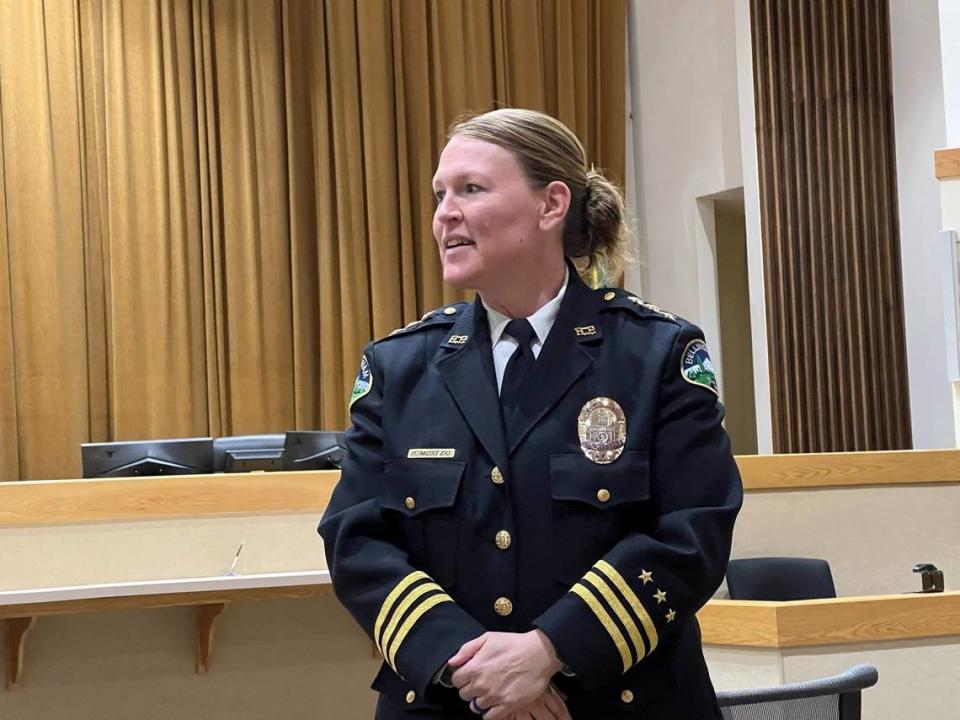 Bellingham Police Chief Rebecca Mertzig wears her dress uniform at a swearing-in ceremony for recruits who completed the law-enforcement academy on Jan. 3 in the Municipal Courthouse.