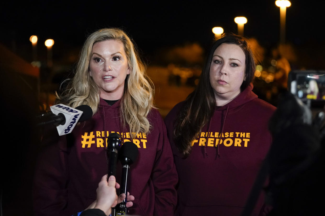 Melaine Coburn, left, and Megan Imbert are two of the women who bravely spoke up against Dan Snyder and the toxic Washington Commanders workplace environment. (AP Photo/Julio Cortez)
