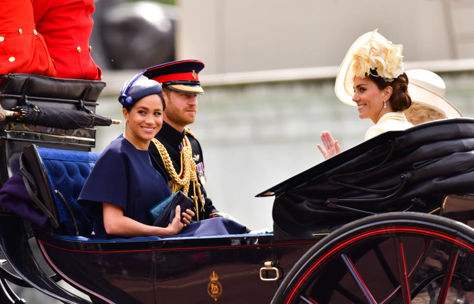 Harry, Meghan and Kateb shared a carriage with Camilla at this year's Trooping the Colour. Photo: Getty Images