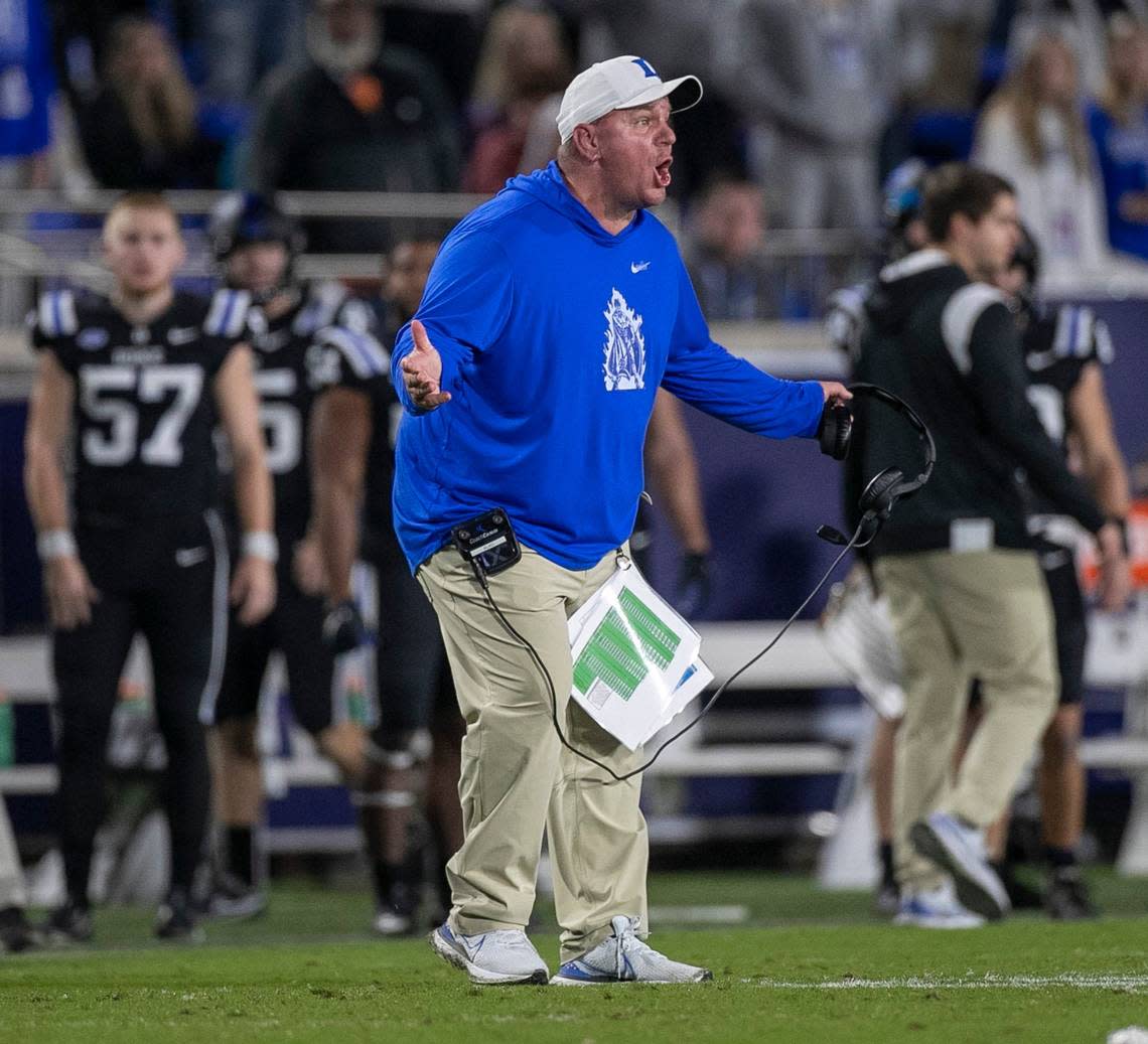 Duke coach Mike Elko reacts to a penalty against the Blue Devils in the fourth quarter against North Carolina on Saturday, October 15, 2022 at Wallace-Wade Stadium in Durham, N.C. Robert Willett/rwillett@newsobserver.com