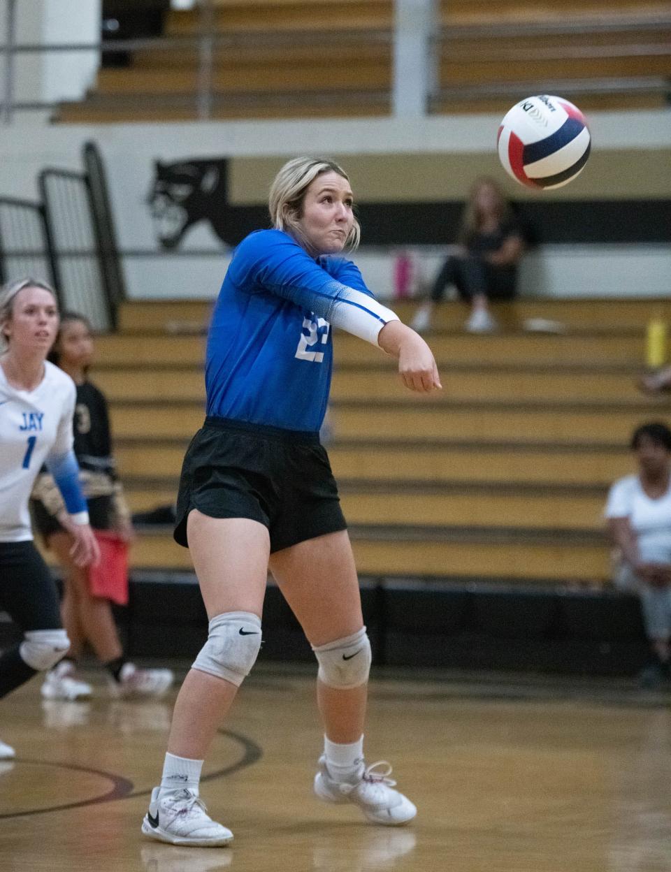 Brooklyn Sorrells (23) plays the ball during the Jay vs Milton volleyball match at Milton High School on Thursday, Sept. 21, 2023.